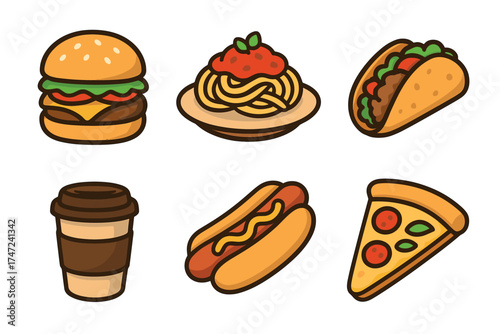 Fast food and takeaway meal vector icon set. Cute cartoon collection of popular junk food items.