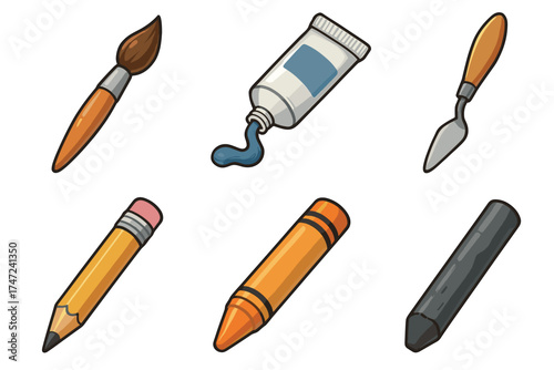 Art supplies and drawing tools cartoon vector icon set. Isometric collection of various creative items.