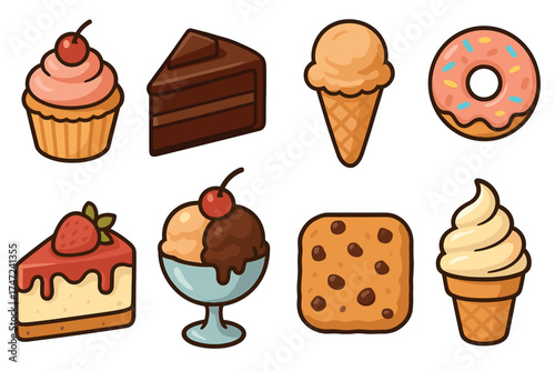 Sweets and desserts cute cartoon vector icon set. Collection of various delicious cake, ice cream, and cookie treats.