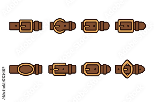 Leather belts with golden buckles vector icon set. Collection of various fashion accessory designs.