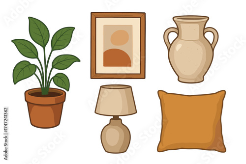 Boho home decor and interior accessories doodle vector set. Hand drawn collection of cozy and modern elements.