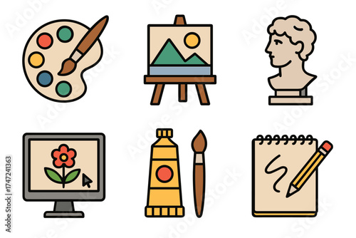 Art and creativity vector icon set. Collection of symbols for traditional and digital painting, drawing, and sculpture.