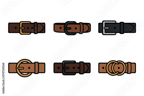 Leather belts with various buckles vector icon set. Collection of men's and women's fashion accessories.