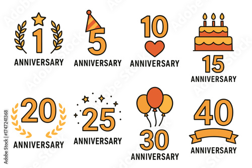 Anniversary celebration and jubilee vector icon set. Collection of various year number logos for celebration.