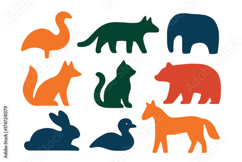 Colorful animal silhouettes vector illustration set. Simple cutout shapes of various wild and domestic animals.
