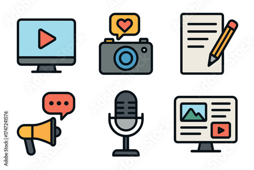 Content creation and blogging vector icon set. Collection of symbols for video, podcast, and social media.