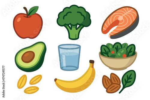 Healthy food and balanced diet flat vector set. Collection of nutritious fruits, vegetables, and protein sources.