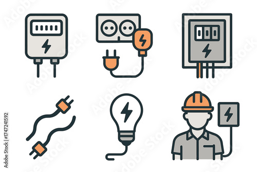 Electrical work and power supply vector icon set. Collection of symbols for electrician service and equipment.