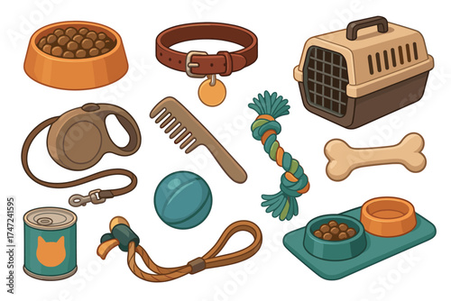 Pet supplies and dog accessories cartoon vector illustration set. Collection of various items for pet care.
