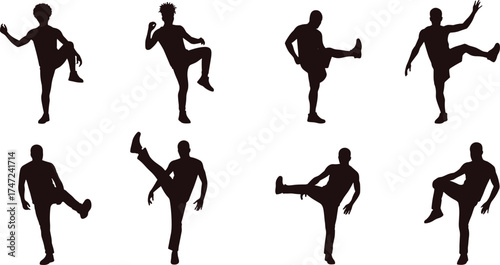 Group of dancers in one-legged poses silhouette illustration, expressive motion and choreography concept artwork for lifestyle, culture, and performance design