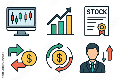 Stock market and trading vector icon set. Collection of symbols for investment, finance, and brokerage.