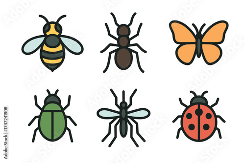 Cute insects and bugs vector icon set. Simple cartoon collection of various common insects.