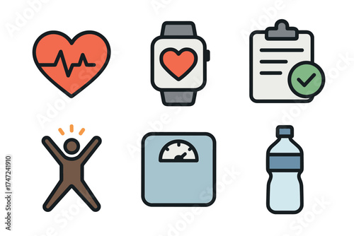 Health and fitness vector icon set. Collection of symbols for a healthy lifestyle, workout, and wellness.