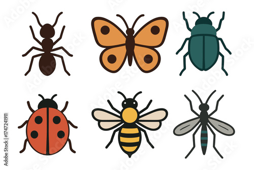 Cute insects and bugs vector icon set. Simple cartoon collection of various common insects.