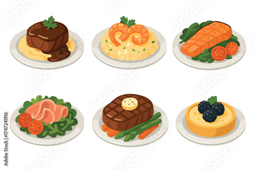 Gourmet meals and restaurant dishes realistic vector illustration set. Isometric collection of various delicious food plates.