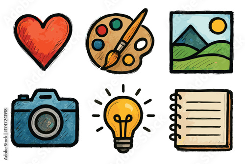 Creativity and hobbies doodle vector icon set. Hand drawn sketch collection of artistic and inspirational symbols.