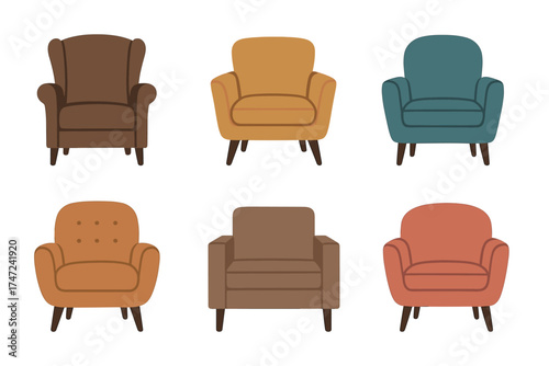 Colorful armchairs and modern chairs flat vector illustration set. Collection of various furniture for home interior.
