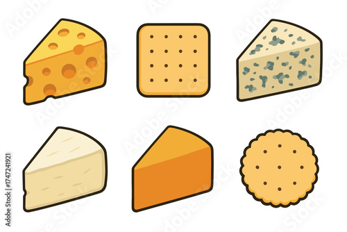 Cheese and crackers vector icon set. Simple collection of various cheese types and biscuits for appetizers.