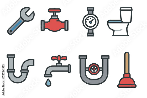 Plumbing fixtures and tools vector icon set. Collection of equipment for repair and sanitation services.