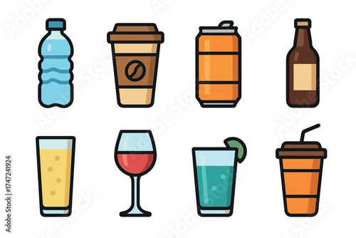 Drinks and beverages vector icon set. Collection of various hot and cold drinks in different containers.