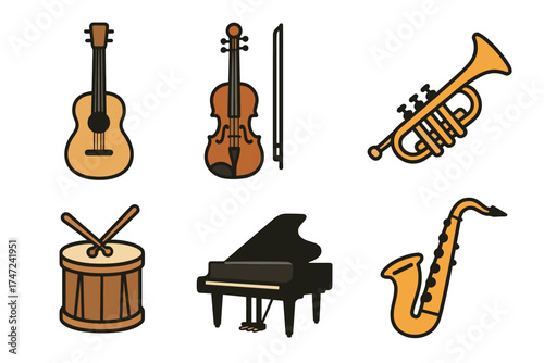 Musical instruments vector icon set. Simple collection of various instruments for band and orchestra.