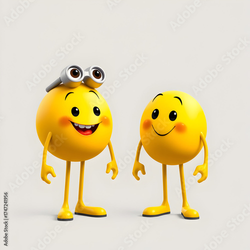 Two Cute Yellow Cartoon Characters Standing Together on Light Background