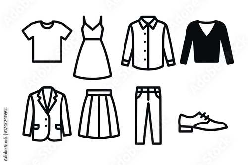 Clothing and apparel black line icon set. Simple vector symbols of various clothes for men and women.