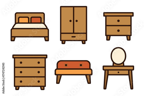 Bedroom furniture vector icon set. Simple collection of wooden furniture for home interior design.