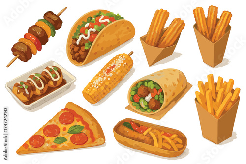 Street food festival realistic vector illustration set. Detailed collection of various international fast food dishes.
