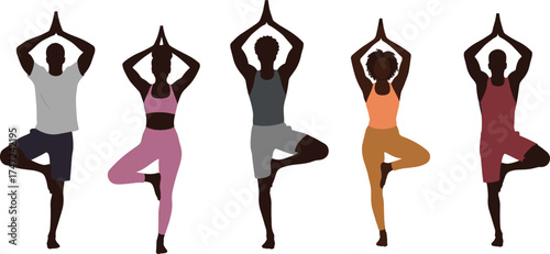 Group performing tree pose silhouette illustration, yoga balance and mindfulness concept artwork for lifestyle, wellness, and physical fitness design