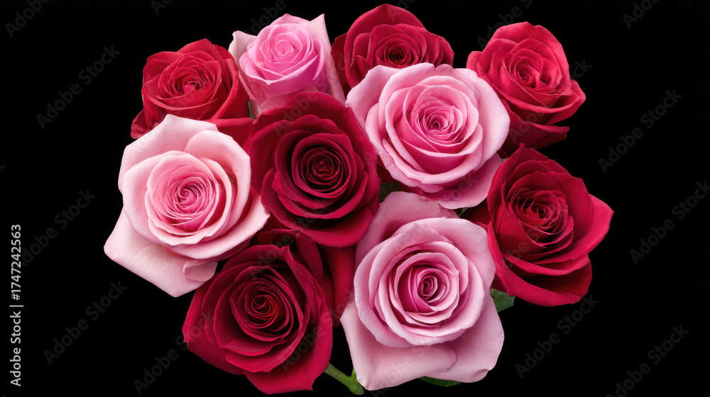 Obraz premium A stunning bouquet of vibrant roses, featu shades of pink and deep red, creates a beautiful and elegant floral arrangement against a black background.