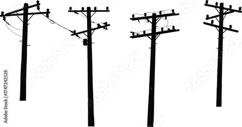 Utility pole structure silhouette illustration set, electrical infrastructure and urban energy grid concept artwork for lifestyle, engineering, and connectivity design