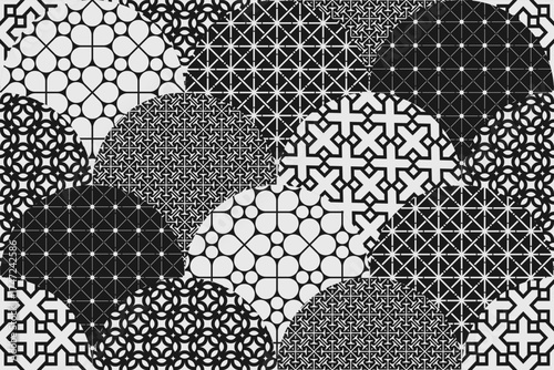 Postmodern geometric ornament with simple shapes in monochrome color, circular discs with different textures, bold aesthetic, Abstract modern composition in brutalism style, seamless pattern