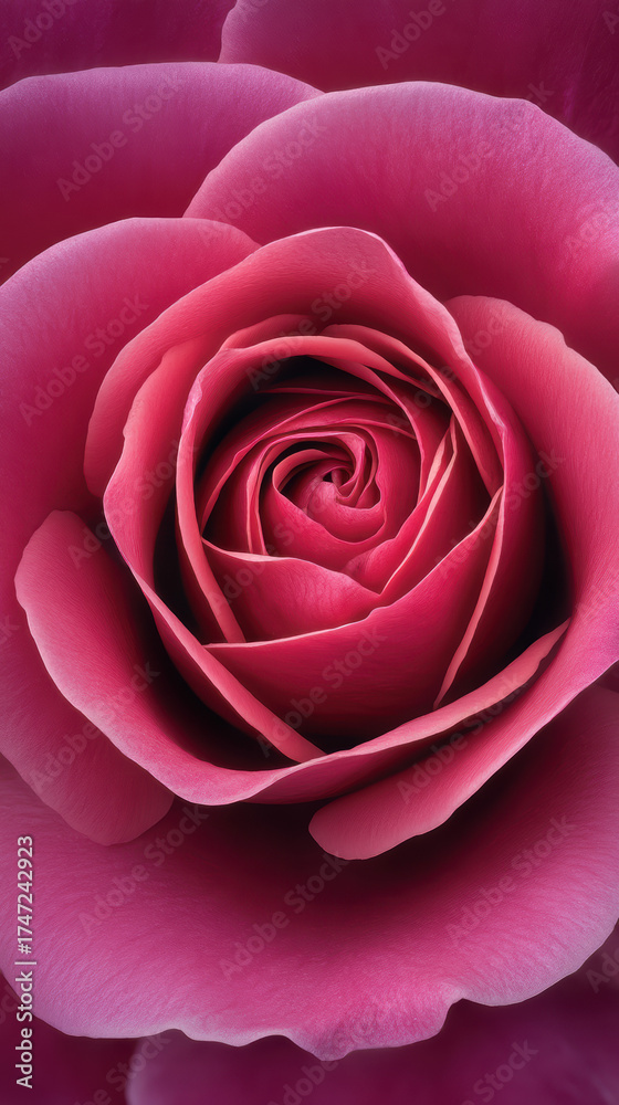Fototapeta premium Captivating close-up captures the exquisite beauty of a single pink rose, showcasing its delicate petals and intricate spiral center in stunning detail and color.