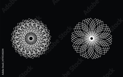 Two abstract white digital art patterns resembling fingerprints or starbursts on a black background