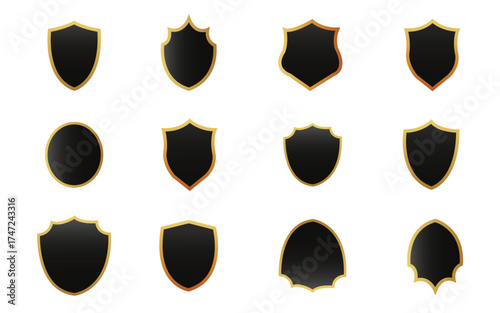 Collection of twelve distinct black shield shapes with golden borders on a white background