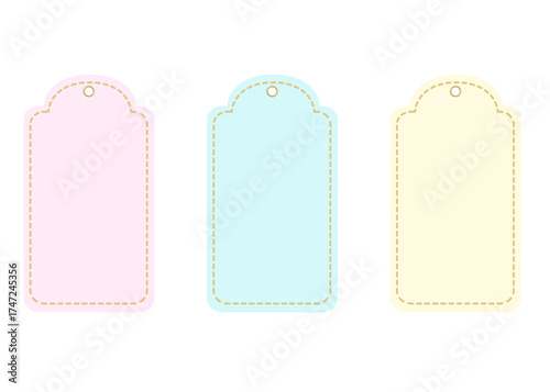 3. set of tags, price tags, name tags, in red, blue, and yellow