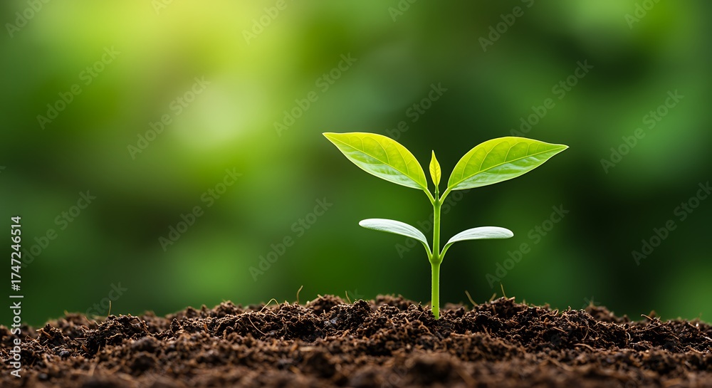 Fototapeta premium A young green sprout emerges from rich soil, symbolizing new beginnings and growth in nature