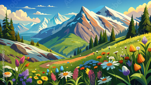 Very beautiful Blooming wildflowers in swiss alps create stunning landscape with snow capped mountains