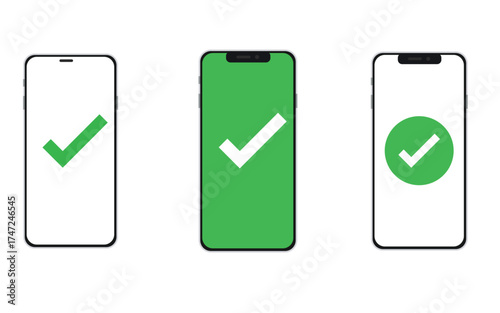 Three modern smartphones displaying green checkmarks signifying success and completion on white backgrounds