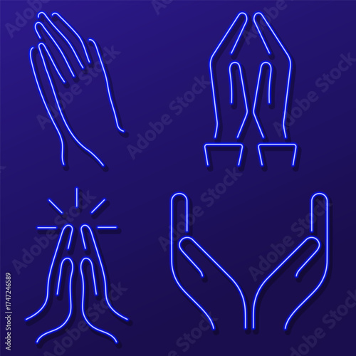 prayer hand neon icon group, vector illustration.