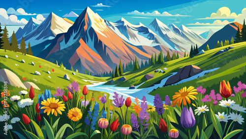 Very beautiful Blooming wildflowers in swiss alps create stunning landscape with snow capped mountains