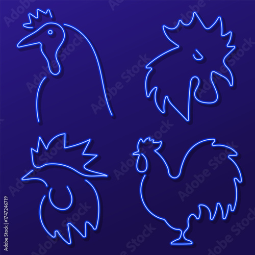 rooster group of neon icons, vector illustration.