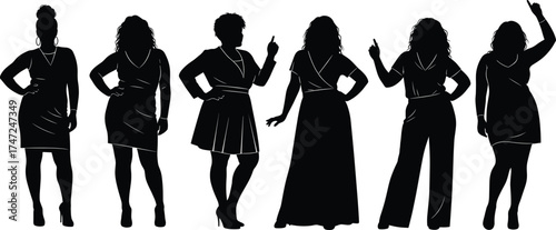 Confident black woman silhouettes in stylish outfits, fashion poses, diversity, empowerment, elegance, strong presence