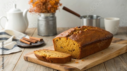 Pumpkin bread on wooden board
