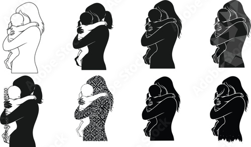 Mother lovingly holding baby in different artistic silhouette styles, motherhood affection, family bond vector illustration