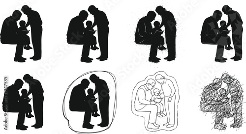 parent child, reading moment, silhouette art, emotional bond, teaching scene, sketch style,
