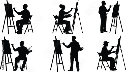 Silhouette artists painting on canvas using easel, creative people drawing artwork, artistic painters working studio illustration
