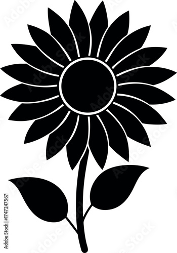 Sunflower with Leaf Solid Black Silhouette