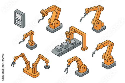 Robotization industry isometric icons set. Automatic equipment for production line, factory. Robotic arm for conveyor. 3D vector illustration for automation, programming.